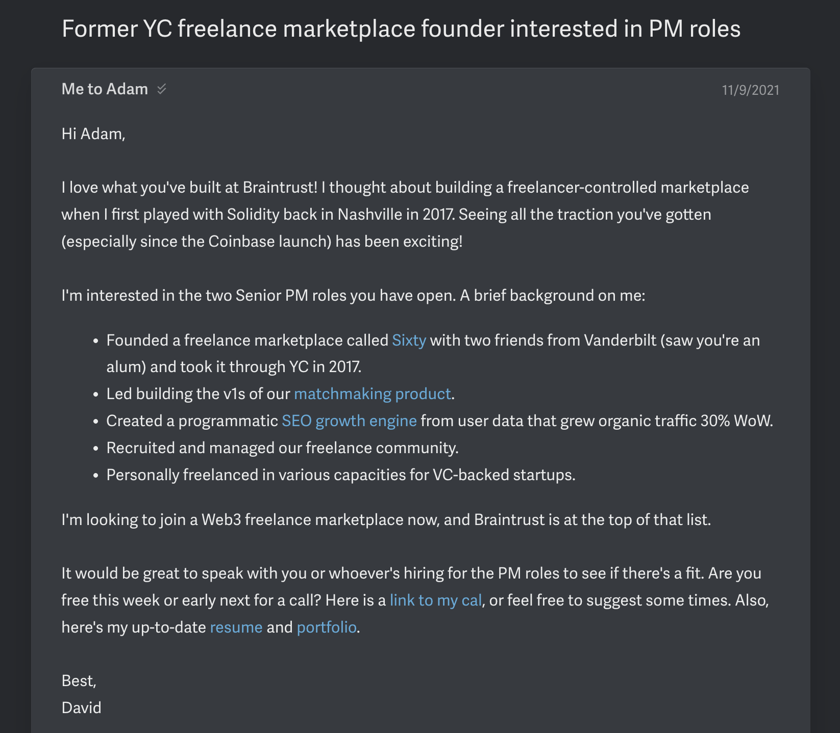 Cold email highlighting my portfolio